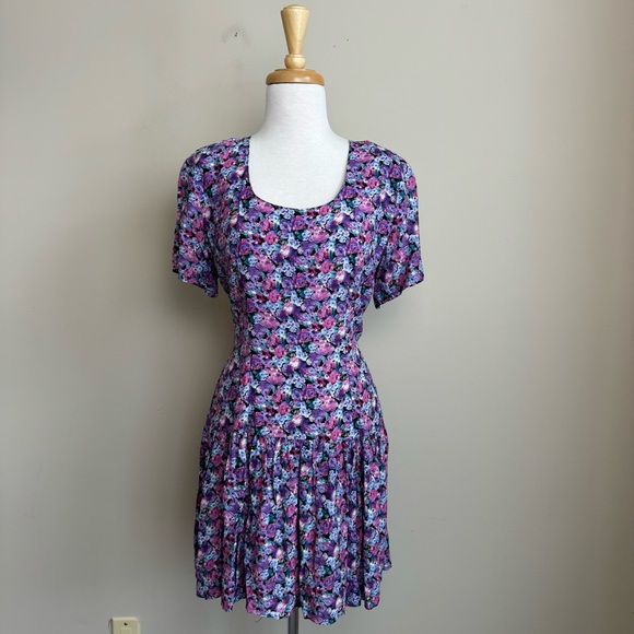 VINTAGE PINK/PURPLE WATERCOLOR FLORAL MINI DRESS - Picture 10 of 10